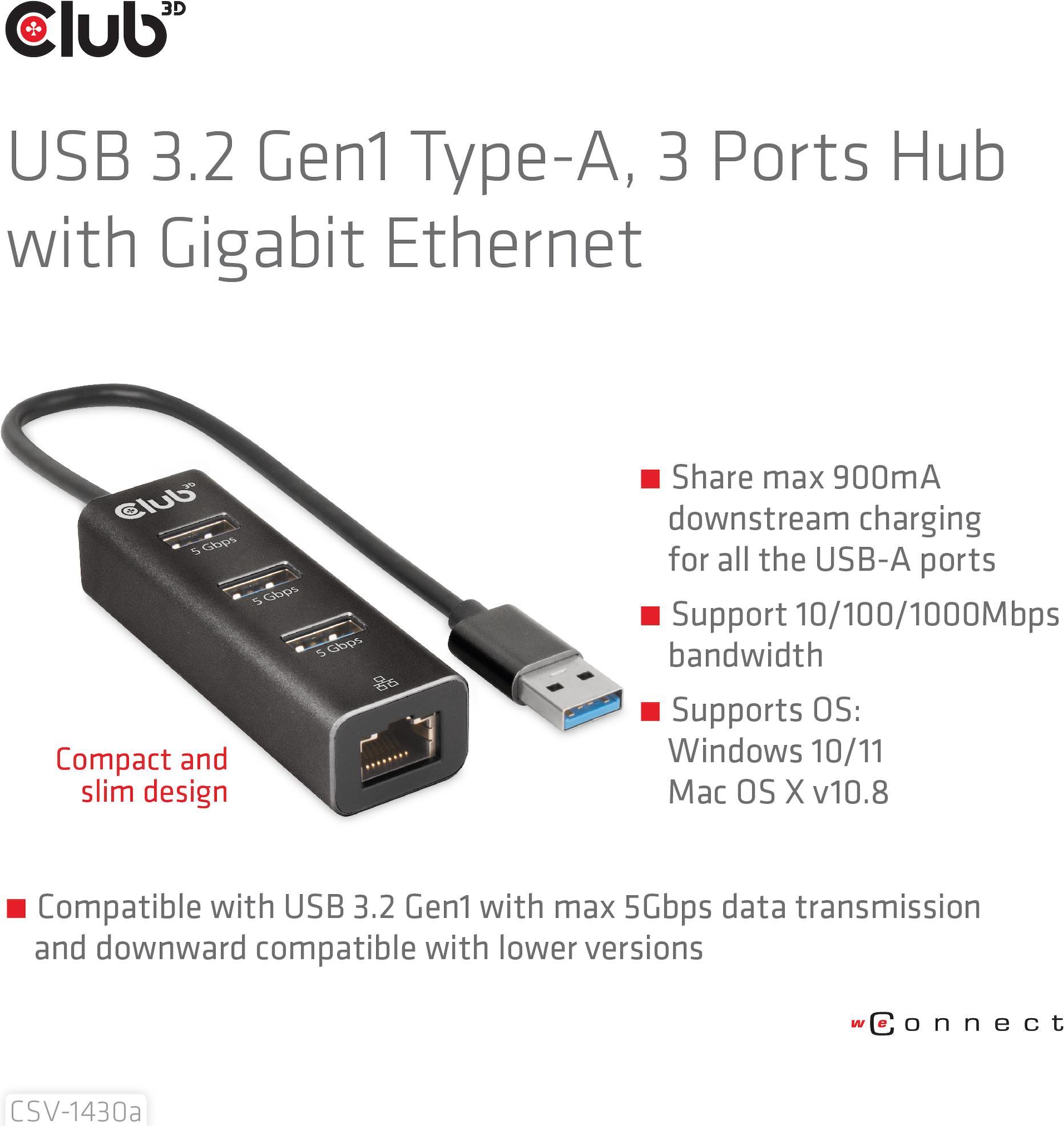 Club 3D CSV-1430A USB-Hub mit Gigabit-LAN 3x USB 3.2 Gen 1 Schwarz