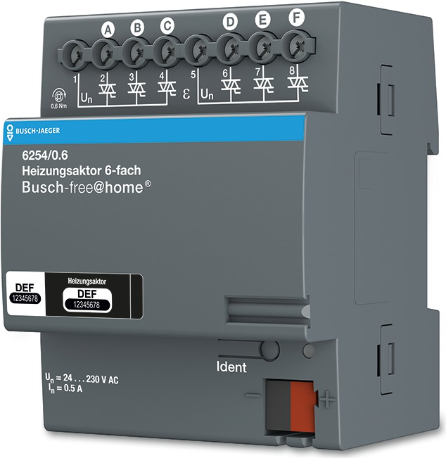 Busch-Jaeger 2CKA006220A0025. Produkttyp: Thermostatischer Auslöser, Anzahl Kanäle: 6 Kanäle, Internationale Schutzart (IP-Code): IP20. Stromstärke: 0,16 A. Breite: 72 mm, Tiefe: 64 mm, Höhe: 90 mm (2CKA006220A0025)