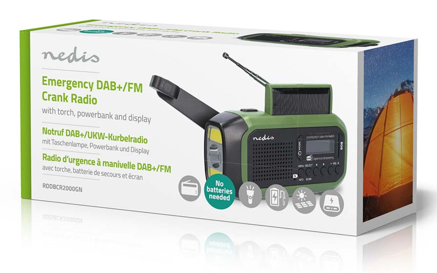 Nedis RDDBCR2000GN Notfallradio DAB+ FM Kurbelradio Solar Powerbank LED-Taschenlampe Grün, Schwarz