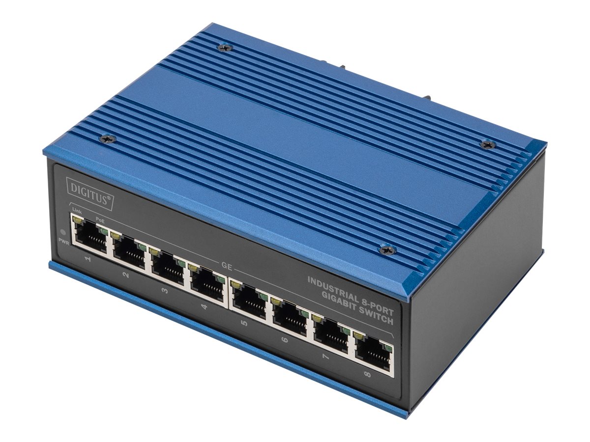 DIGITUS Industrial DN-651121 Netzwerk-Switch 8-Port Gigabit PoE Unmanaged Schwarz, Blau