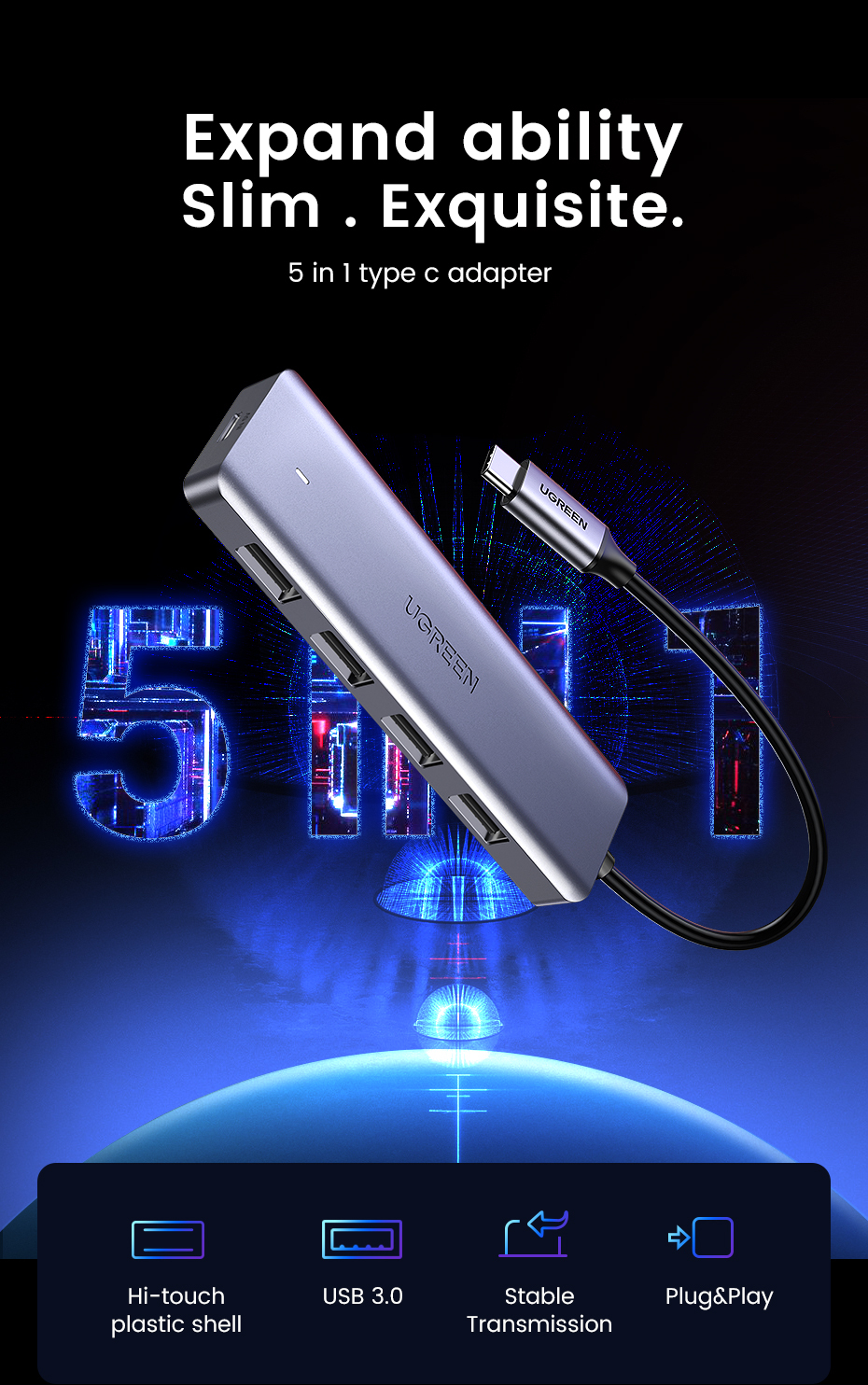 Ugreen 70336 USB-Hub 4 Ports USB 3.0 Silber