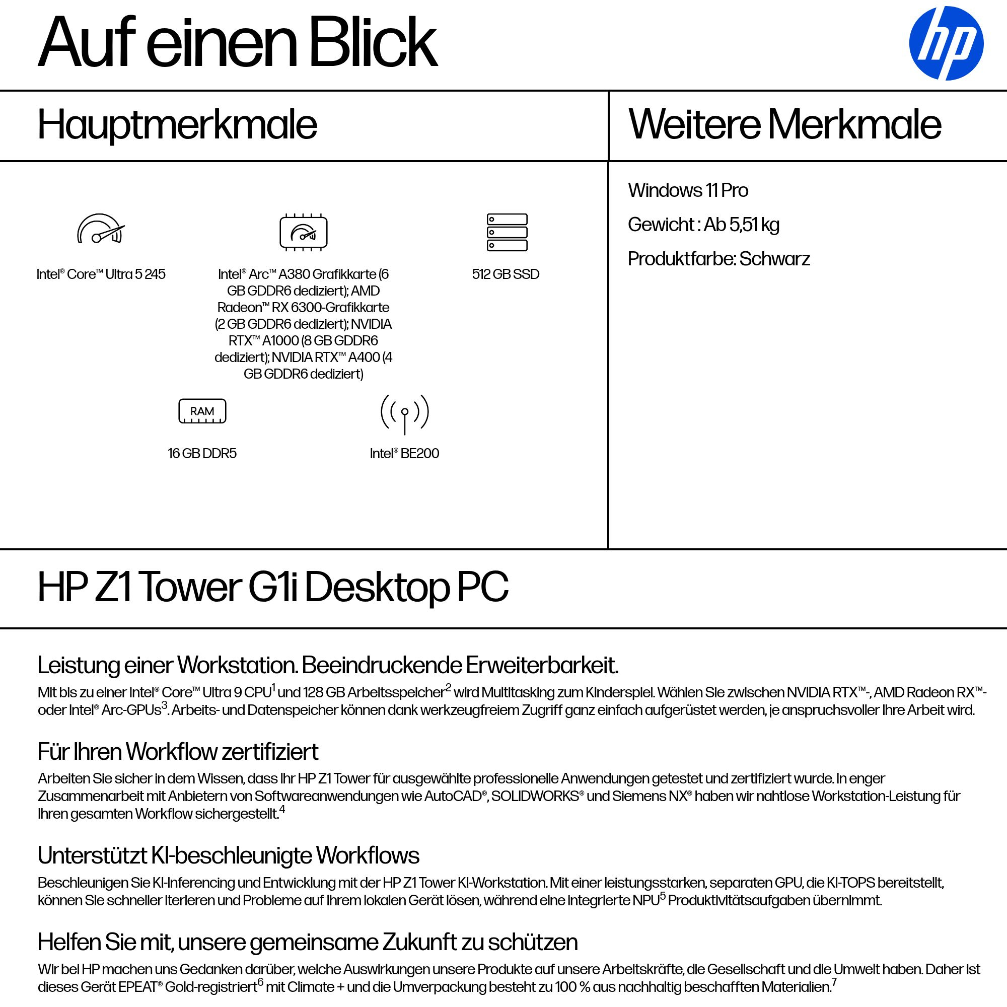 HP Workstation Z1 G1i Tower Intel Core Ultra 5 245 16 GB RAM 512 GB SSD Windows 11 Pro Schwarz