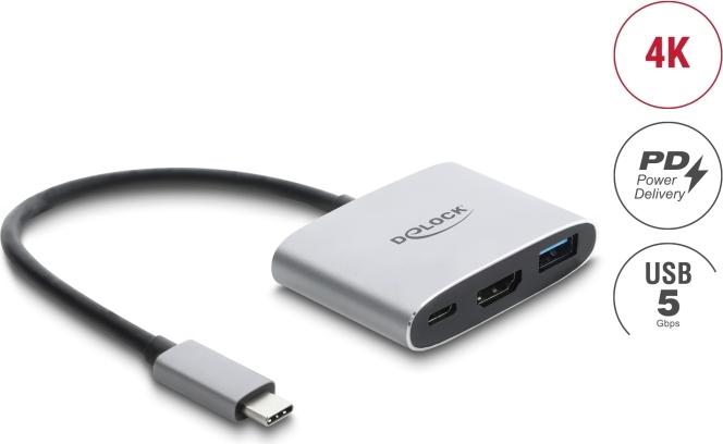 Delock USB Type-C Adapter auf HDMI 4K 60 Hz mit USB Typ-A und USB Type-C PD 3.1 140 W