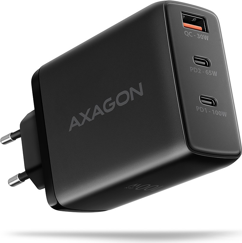 AXAGON ACU-DPQ100 GaN Wall charger, 3x port (USB + dual USB-C), PD3.0/QC4+/PPS/Apple, 100W, schwarz (ACU-DPQ100)