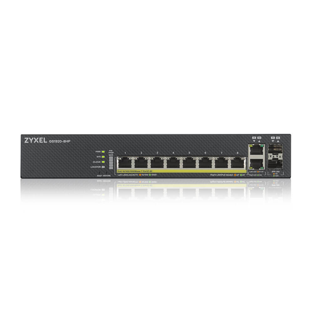 Zyxel GS1920-8HPv2 Smart-Managed Switch 8x Gigabit PoE+ + 2x Combo SFP Schwarz