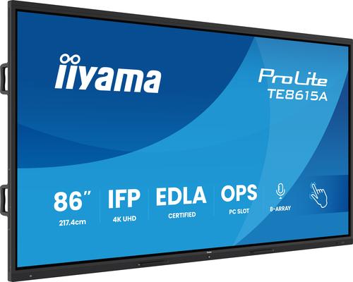 iiyama TE8615A-B1AG (TE8615A-B1AG) 86" Stylish IFP, iiWare21E (EDLA -Google-GMS-apps), Android 14, 16/128GB,40-Points DeepContrast IR+ with Optical Bonding, 3840x2160, UHD IPS panel,Metal Housing, Fan-less, NFC, PIR (Motion sensor), Speakers 2x 20W front facing+ 20W subwoofer, 8-Array Microphone, 2x HDMI, HDMI-out, DispayPort, 2xUSB-C up to 100W PD, Audio out: mini-jack and Optical Out, 550cd/m²,Landscape mode, Media Play USB Ports, AntiGlare Glass, LAN, WiFi6, BT5.0,RS232C, Integrated iiWare (WhiteBoard, iiShare (cast), browser, iiControl (DMS)),OPS PC Slot, VESA 600x400 (mount included) (TE8615A-B1AG)