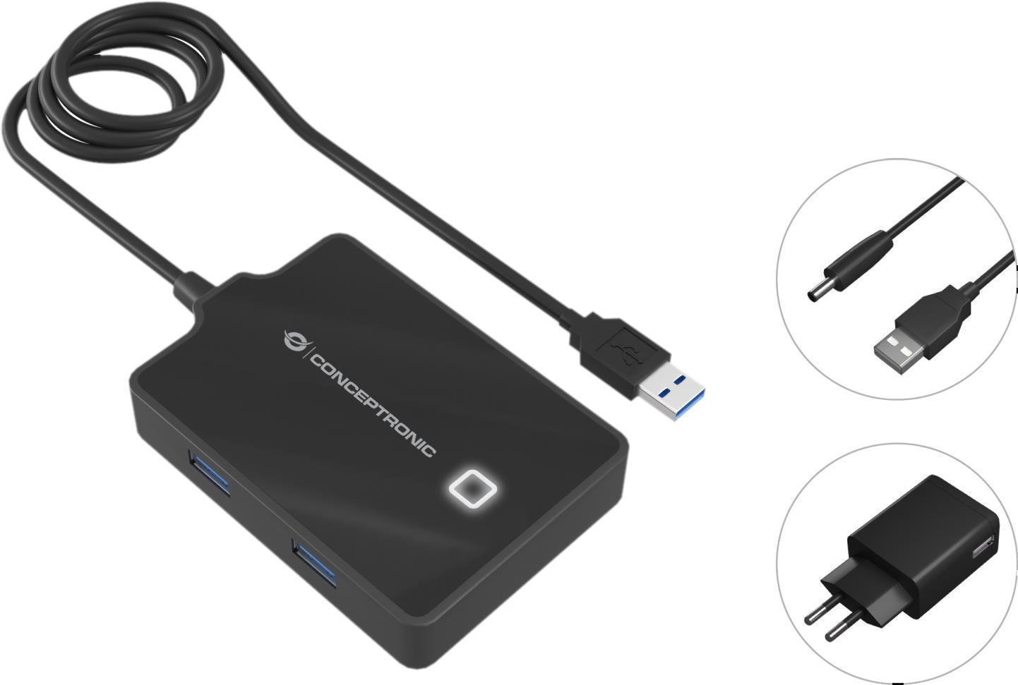 Conceptronic HUBBIES 4-Port-USB-3.0-Hub mit Netzteil - 90cm Kabel - USB 3.2 Gen 1 (3.1 Gen 1) Type-A - USB 3.2 Gen 1 (3.1 Gen 1) Type-A - 5000 Mbit/s - Schwarz - 0,9 m - China (HUBBIES11BP)