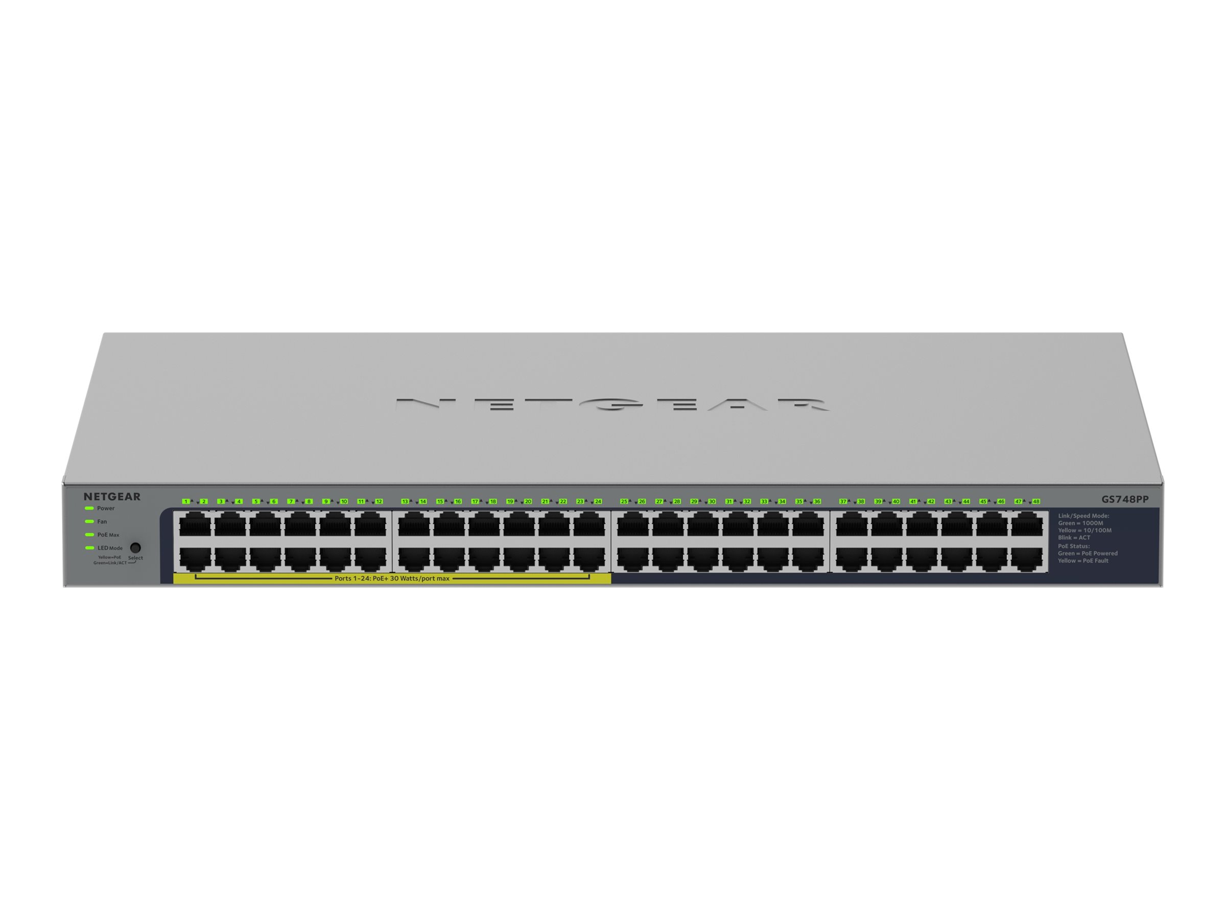 NETGEAR GS748PP - Unmanaged Gigabit Switch - 48 Ports PoE+ - Grau