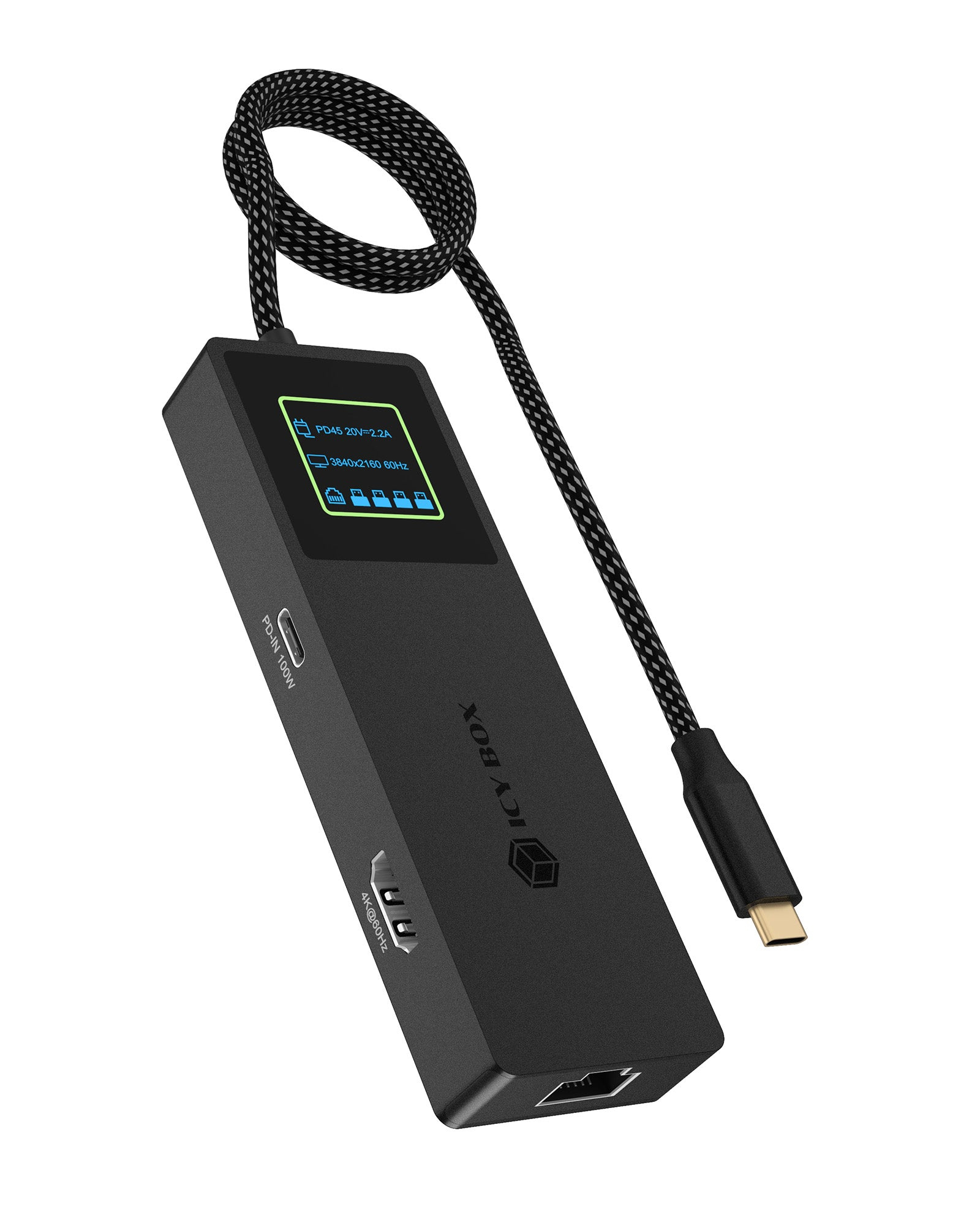 ICY BOX Spade Dock 4038 Dockingstation 7-in-1 USB-C HDMI RJ-45 100 W PD Schwarz