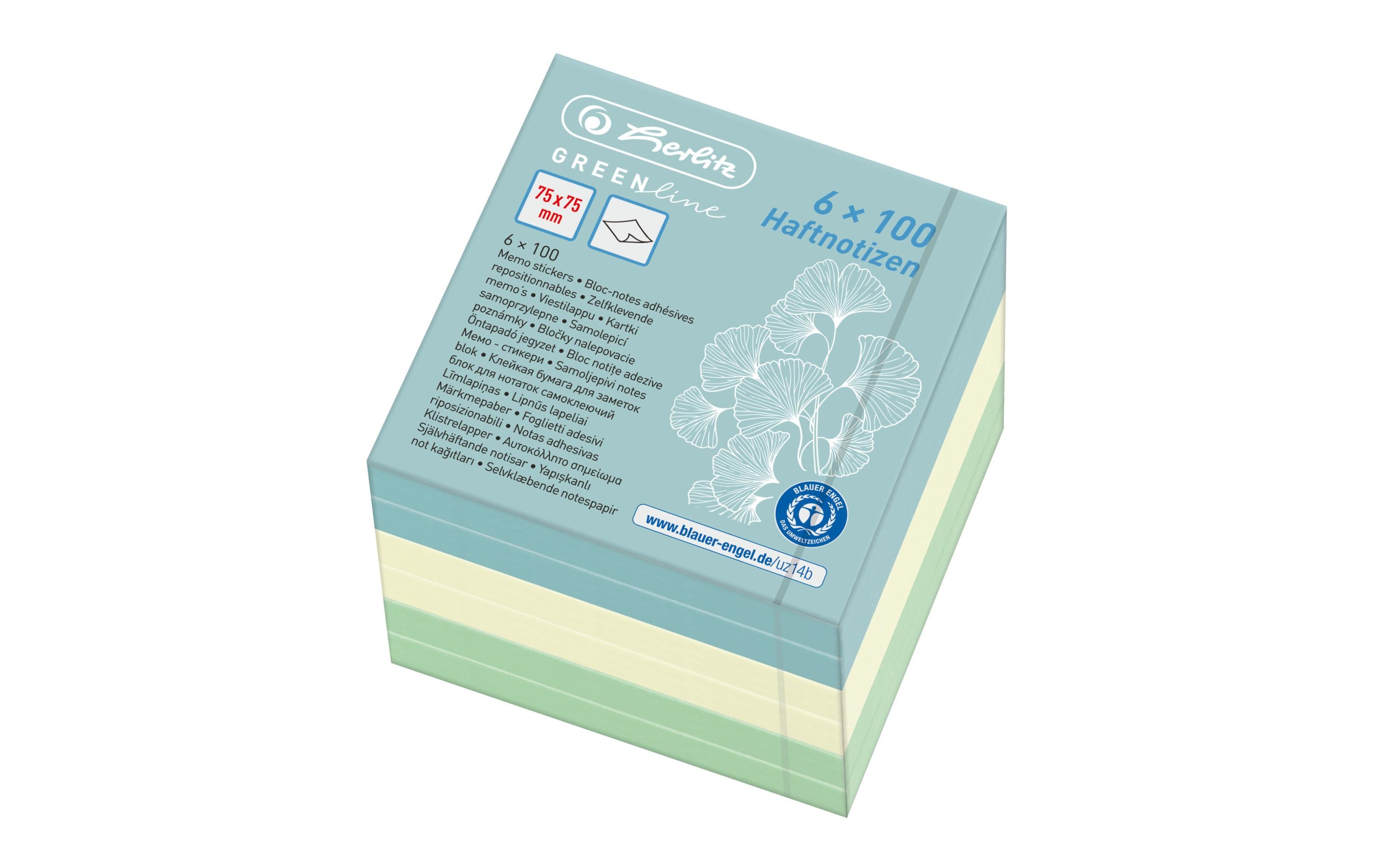 Herlitz Klebezettel 50033430 75 x 75 mm 600 Blatt Selbstklebend Blau, Grün, Gelb