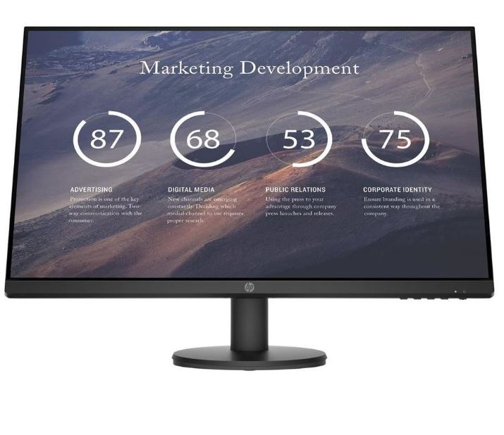 HP P27v G4. Bildschirmdiagonale: 68,6 cm (27" ), Bildschirmauflösung: 1920 x 1080 Pixel, HD-Typ: Full HD, Bildschirmtechnologie: LCD, Reaktionszeit: 5 ms, Natives Seitenverhältnis: 16:9, Blickwinkel, horizontal: 178°, Blickwinkel, vertikal: 178°. VESA-Halterung. Produktfarbe: Schwarz [Energieklasse E] (9TT20AT#ABB)