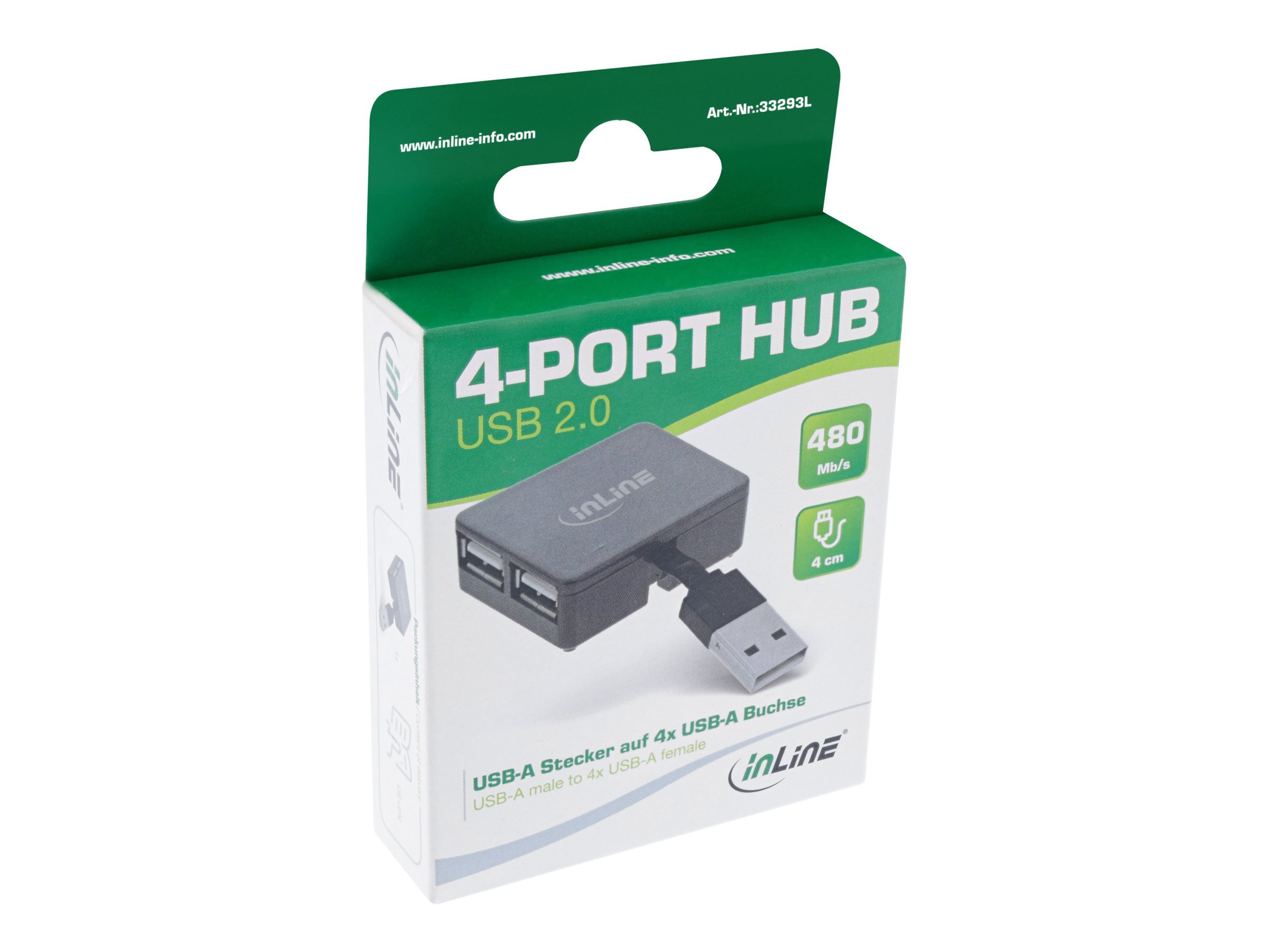 InLine USB 2.0 4-Port Hub USB-A auf 4x USB-A Buchse 4 cm Kabel Schwarz