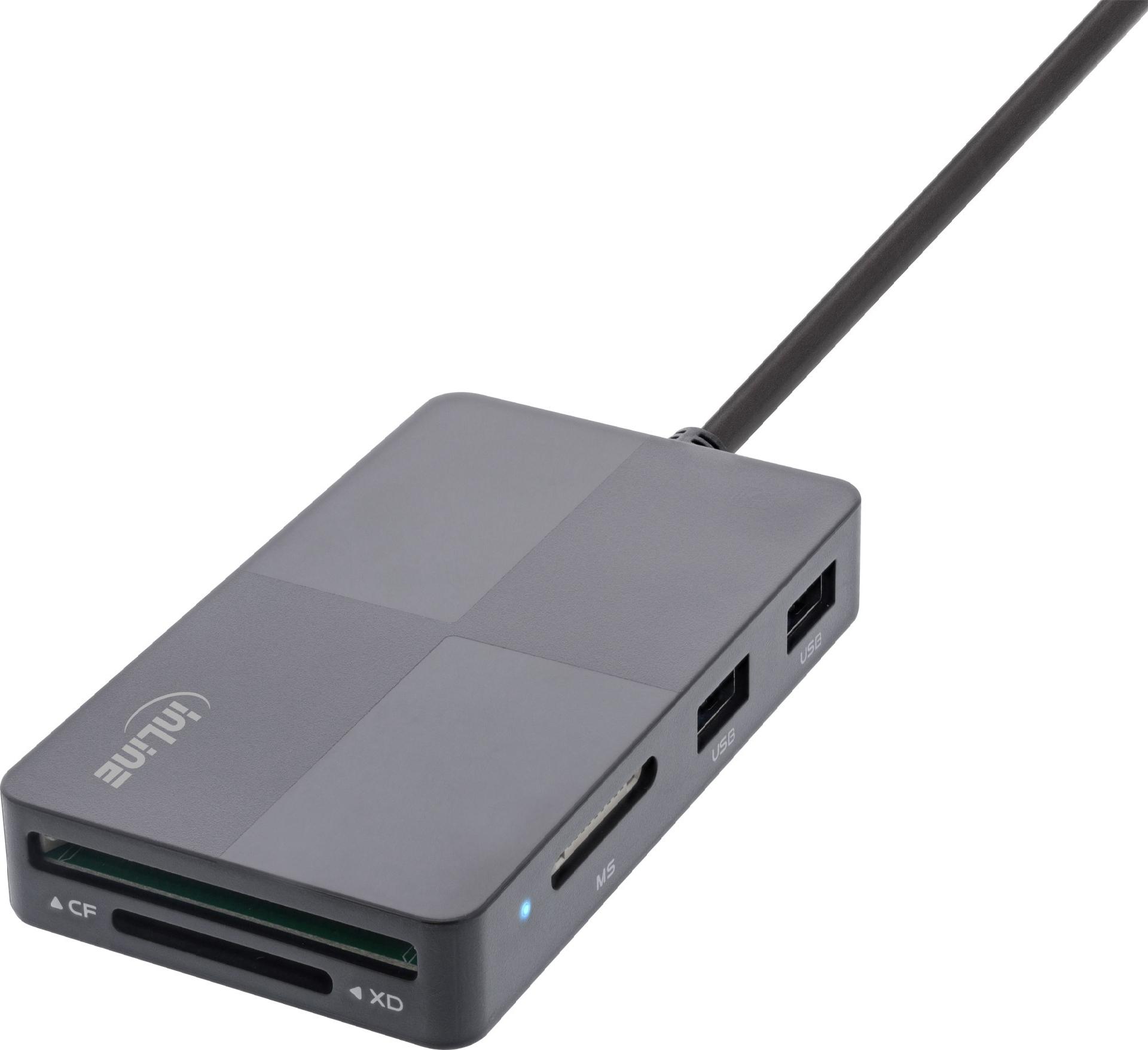 InLine USB 3.2 Multi Cardreader Hub, SD/TF/MS/XD/CF, 3-Port USB-A, Schwarz/Grau