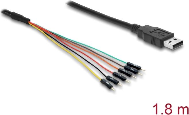Delock Konverter USB 2.0 Typ-A zu UART TTL (5 V) Schnittstelle mit 6 x Pfostenstecker TX/RX/CTS/RTS und 5 V Ausgangsspannung 1,8 m (63986)