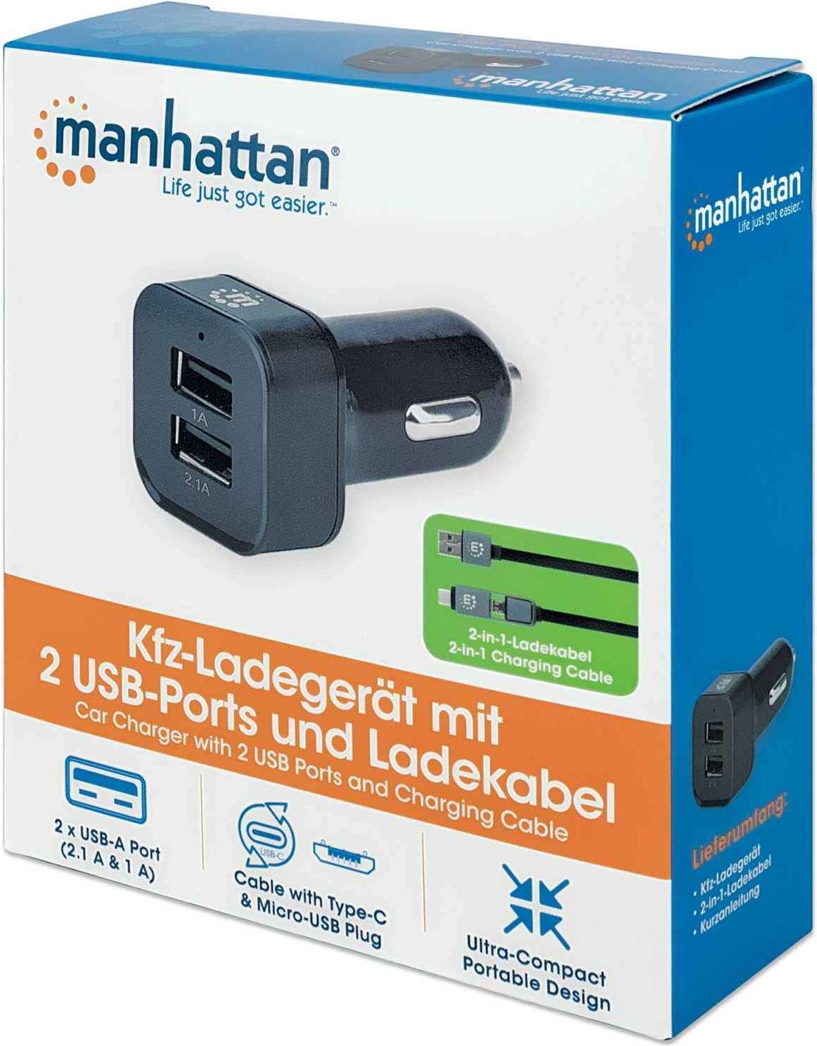 MANHATTAN Kfz-Ladegerät mit 2 USB-Ports und Ladekabel