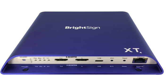BrightSign Enterprise 4K Player, Netzwerk, Interaktiv, GPIOBeinhaltet alle Features der XT244-Serie, plus serieller Schnittstelle, dual USB für Touch Displays und Live TV Playback via des HDMI 2.0 Inputs - sogar HDCP geschützter Inhalt.Benötigt e (BrightSign XT1144)