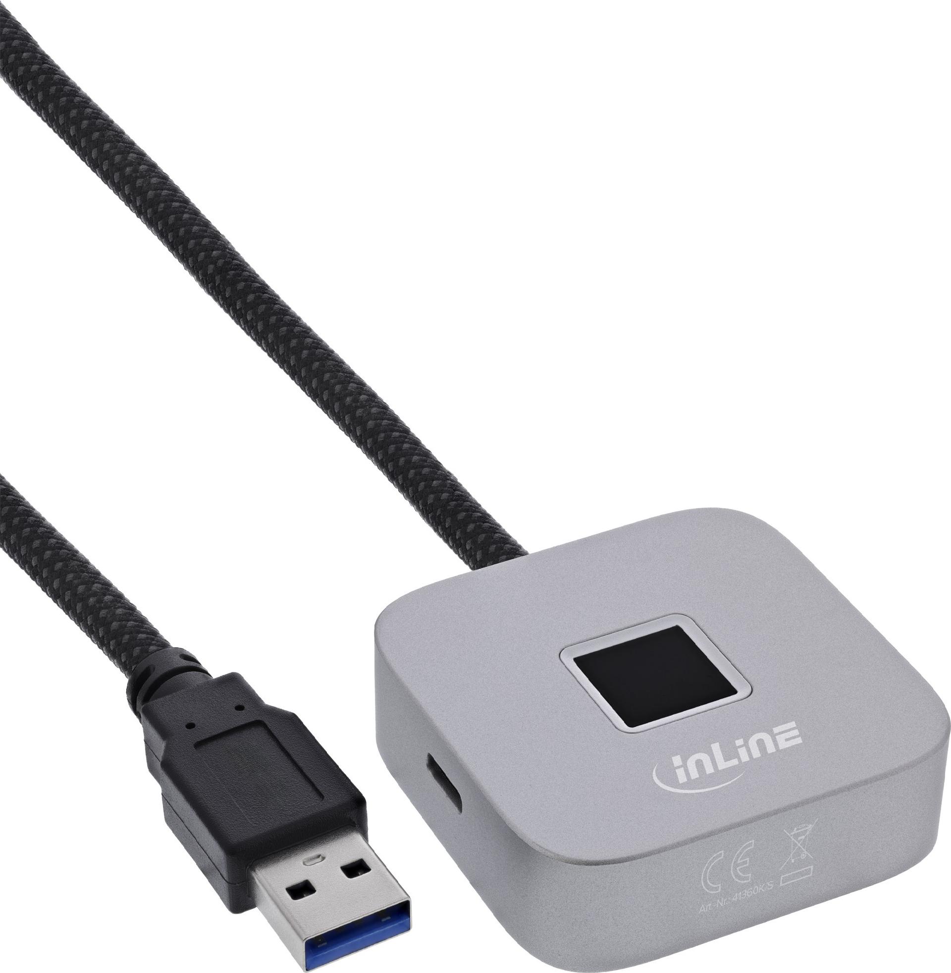 InLine® USB Fingerabdruckscanner mit Hub, Windows Hello kompatibel 1,5m silber (41360K)