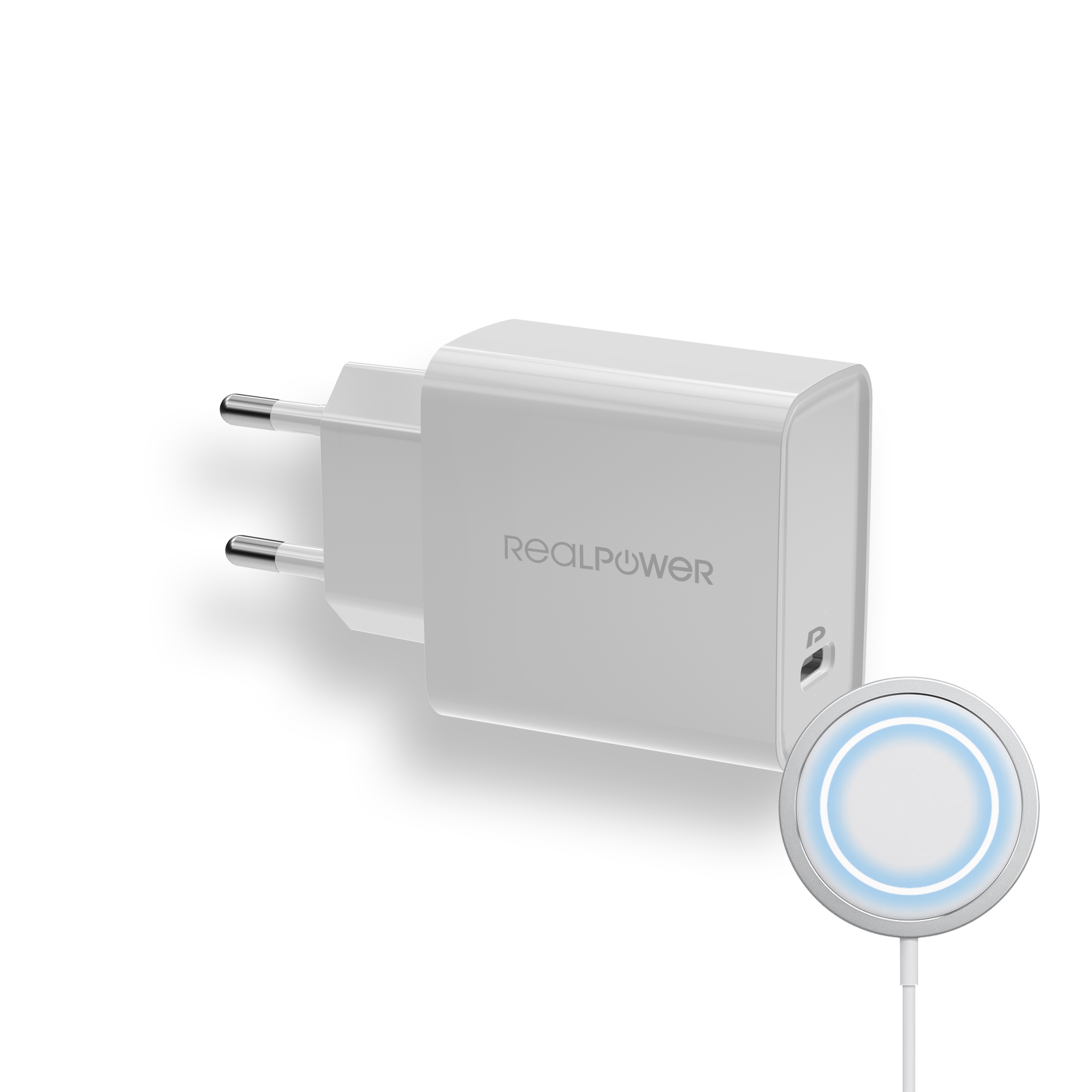 RealPower PC-MagSet 20W USB-C PD Ladegerät mit kabellosem Ladepad Weiß