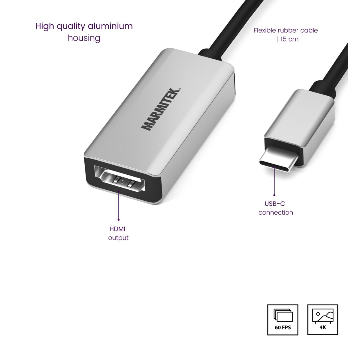Marmitek Connect USB-C auf HDMI Videoadapter 0,15 m 18 Gbit/s Schwarz, Silber