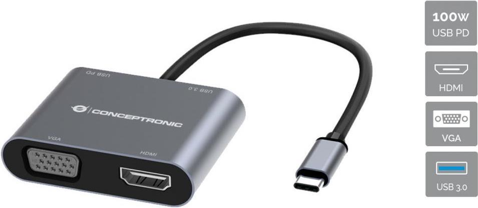 Conceptronic DONN16G USB-C Dockingstation HDMI VGA Power Delivery 100 W Grau