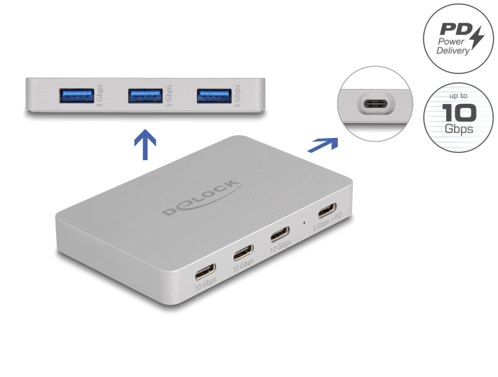 Delock 64279 7-Port USB-Hub 4x USB Type-C 3x USB Type-A PD 82 W Grau