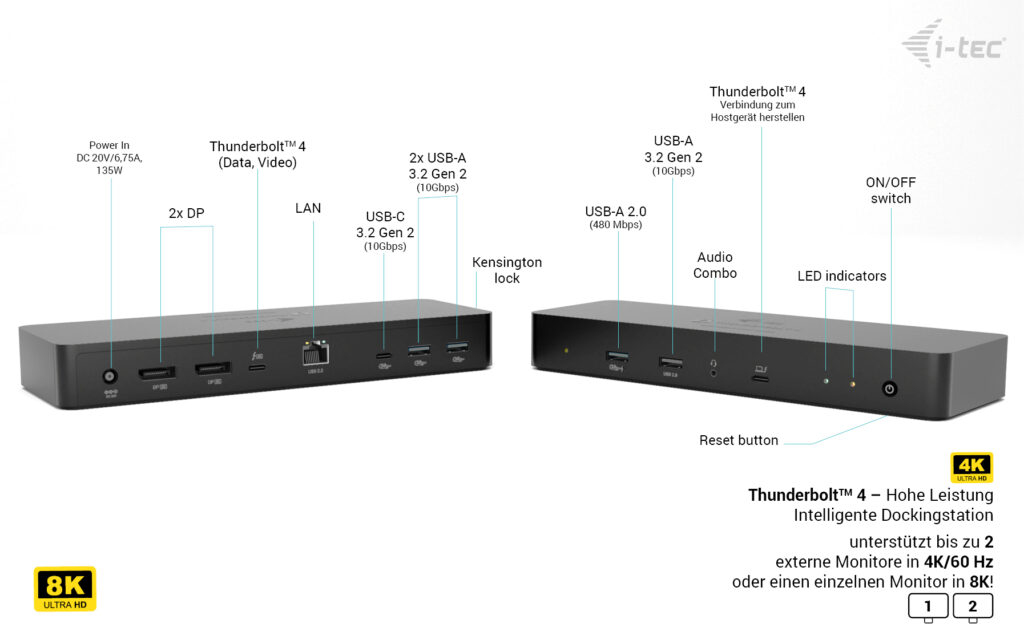 i-tec Thunderbolt 4 Dual Display Dockingstation Power Delivery 90W Schwarz