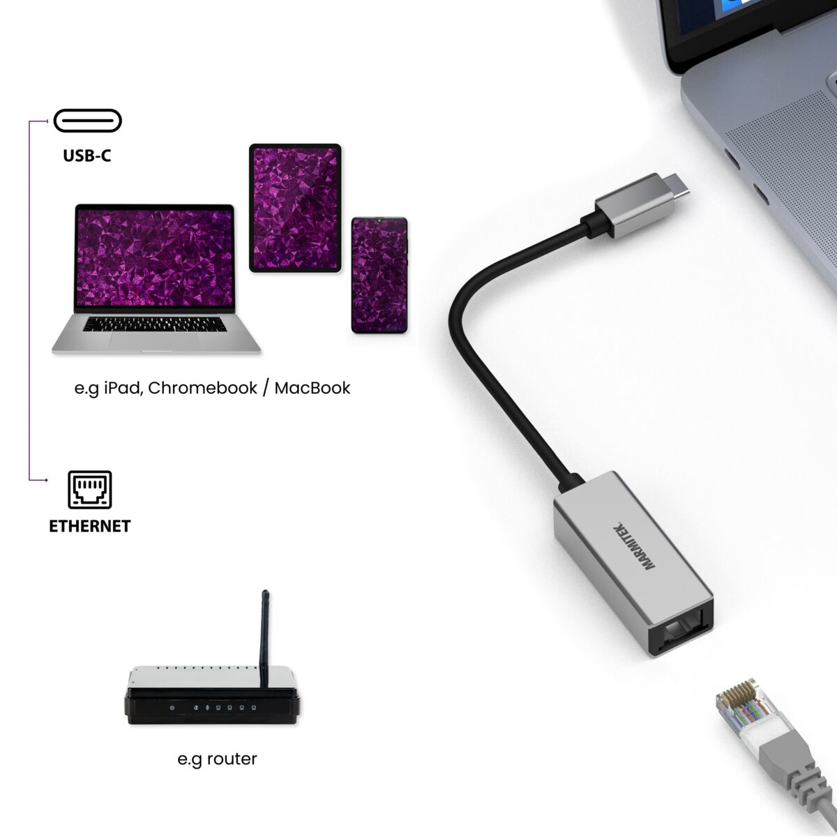 Marmitek Connect Netzwerkadapter USB-C 3.1 auf Gigabit Ethernet Schwarz, Silber