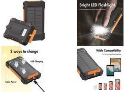 LogiLink Powerbank mit Solar, 6.000 mAh, schwarz/orange eingebaute LED-Taschenlampe, IP65, Solarpanel absorbiert das - 1 Stück (PA0321)