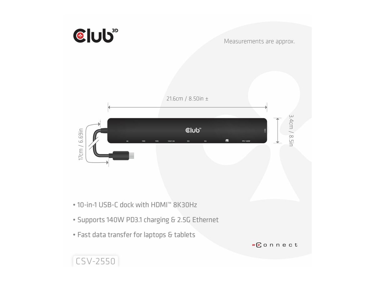 Club 3D CSV-2550 10-in-1 Dockingstation USB-C HDMI 8K 2.5GbE Schwarz