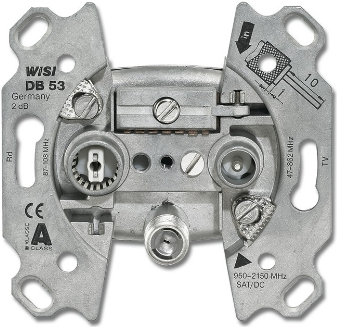 Busch-Jaeger 0230-0-0384. Buchsen-Typ: SAT + TV + Radio. Produktfarbe: Metallisch. Eingangsfrequenz: 47 - 2150 Hz. Breite: 70 mm, Tiefe: 69 mm, Höhe: 22 mm (0230-0-0384)