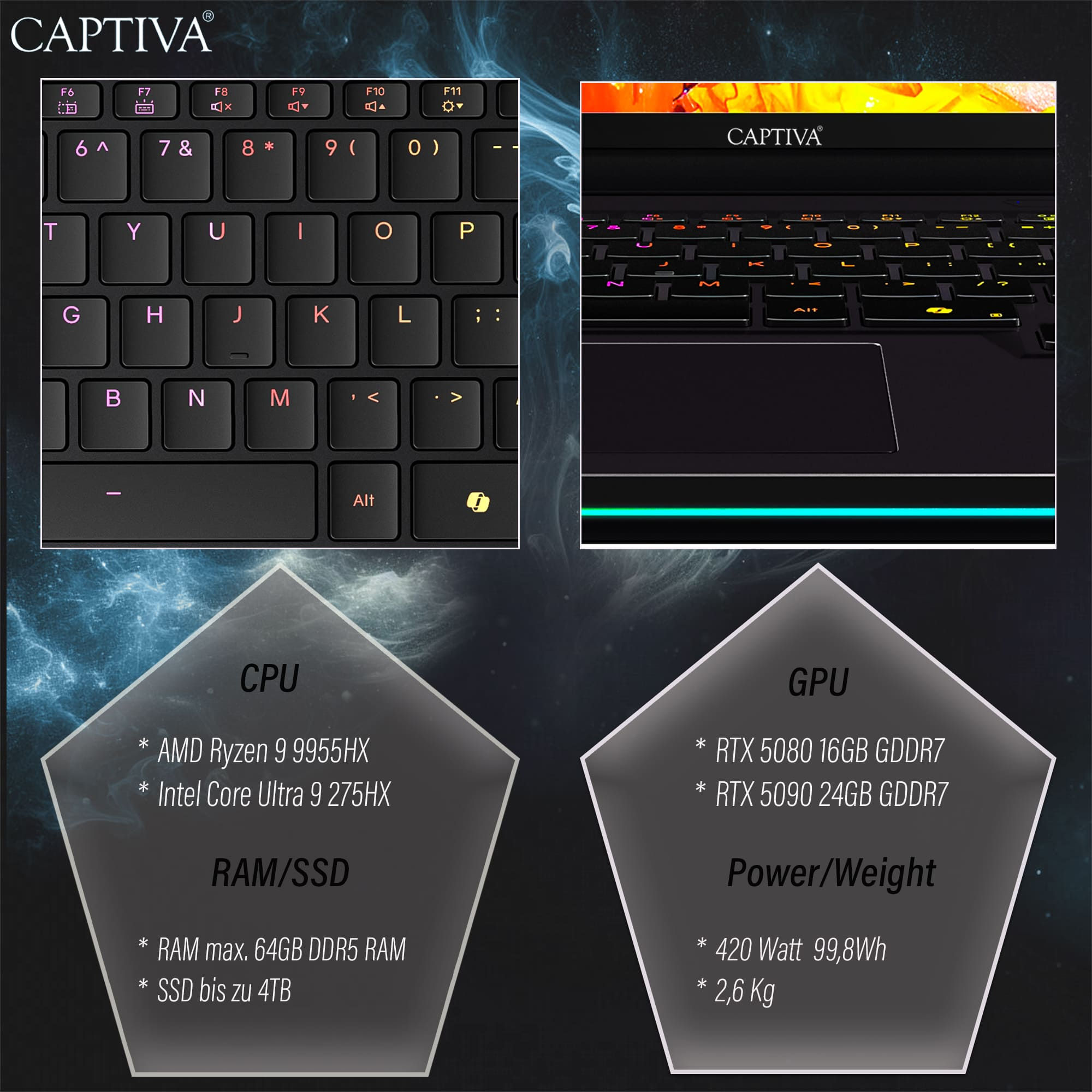 Captiva Ultimate Gaming R97-921CH 16" Gaming-Notebook AMD Ryzen 9 9955HX 64 GB RAM 2 TB SSD NVIDIA GeForce RTX 5090 Schwarz