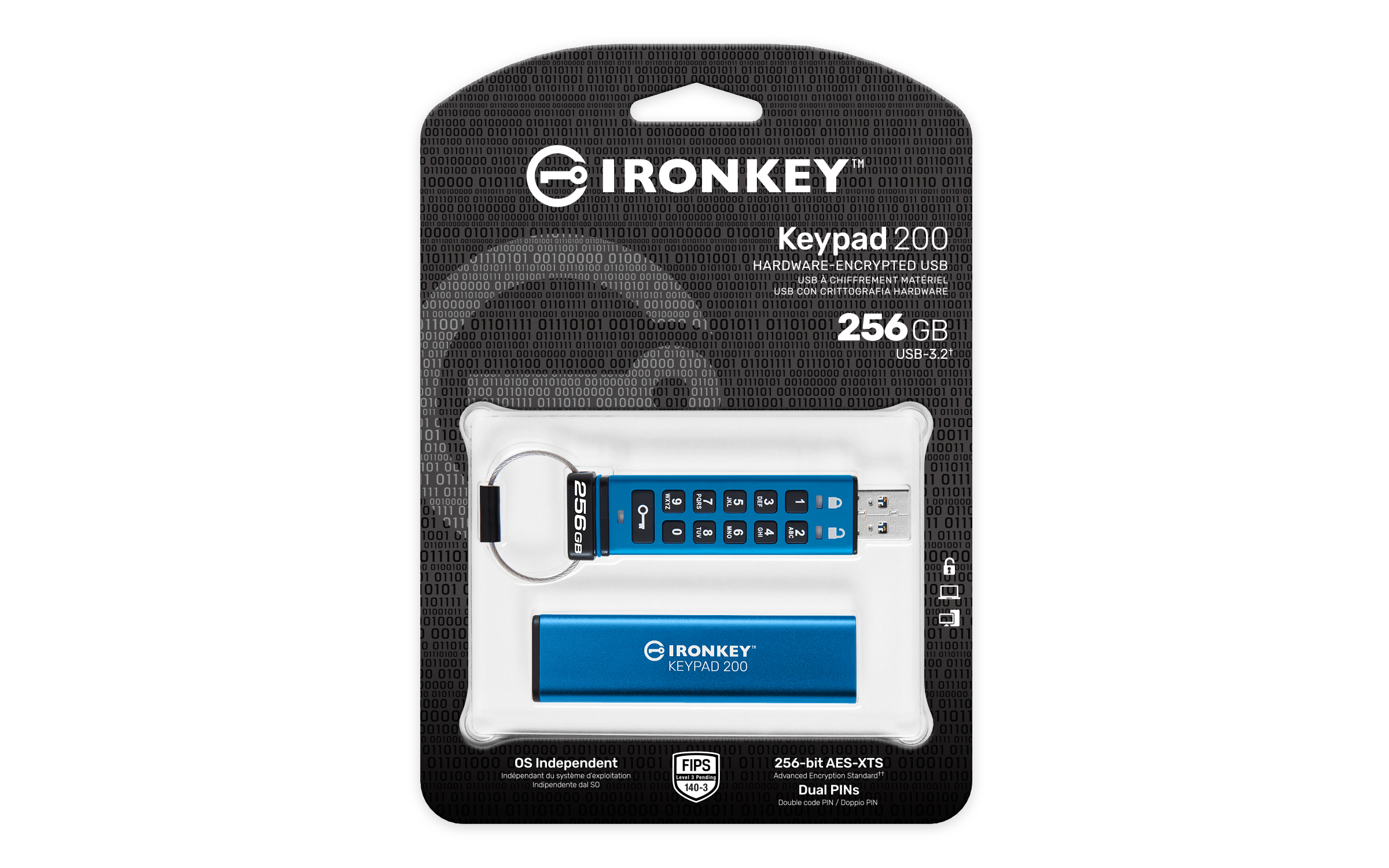 Kingston IronKey Keypad 200 256 GB USB-Stick AES-256 FIPS 140-3 Level 3 Blau