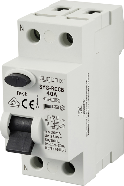 Sygonix SY-6438016 RCCB Fehlerstrom-Schutzschalter 1P+N Typ A 40A 30mA 10kA 230V AC
