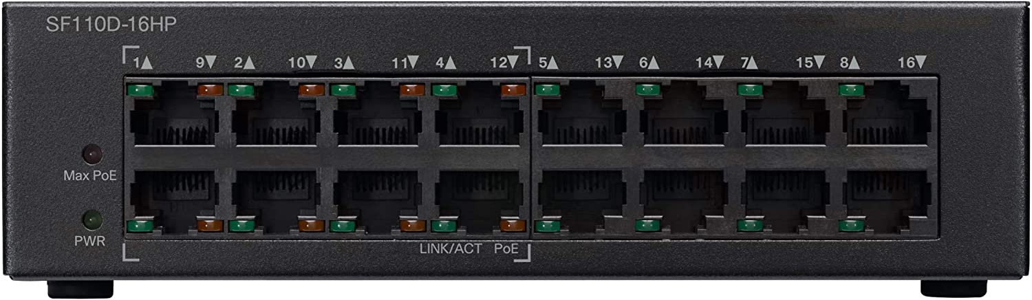 Cisco SF110D-16HP Unmanaged Switch mit 16 10/100-PoE-Ports, eingeschränkter lebenslanger Schutz (SF110D-16HP-EU)
