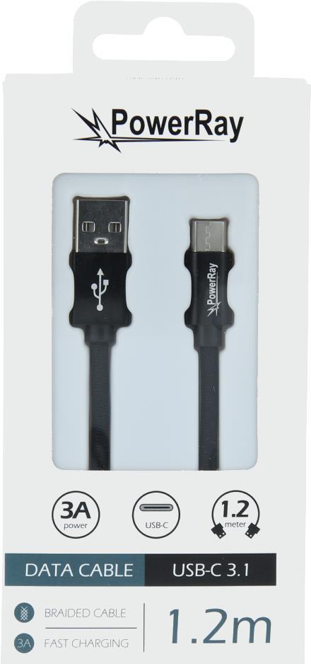 PowerRay Data Cable PR-DCUC120TBK, USB / USB-C, 1.2 m, Textile black, Blister (PR-DCUC120TBK)