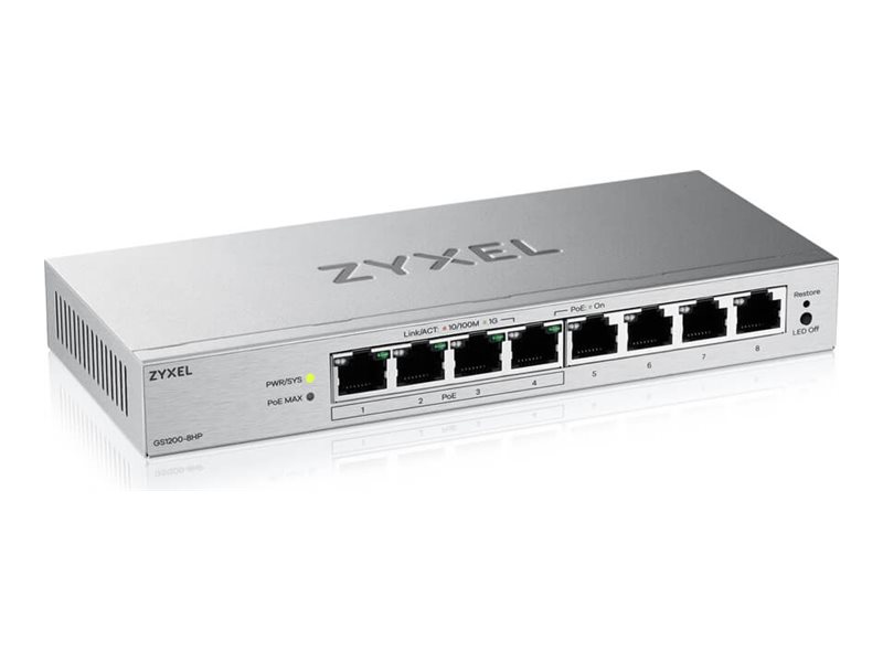 Zyxel GS1200v3 Series GS1200-8HPv3 8-Port Gigabit PoE+ Switch Silber
