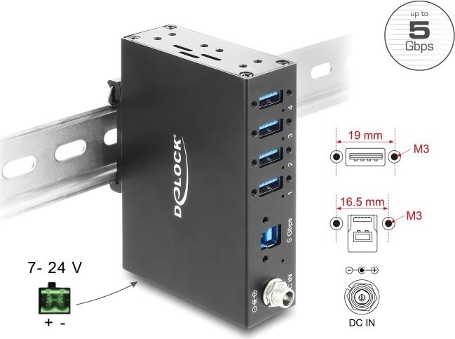 Delock Industrie-Hub 4x USB 5 Gbps Type-A mit 8 kV ESD-Schutz und Hutschienenbefestigung