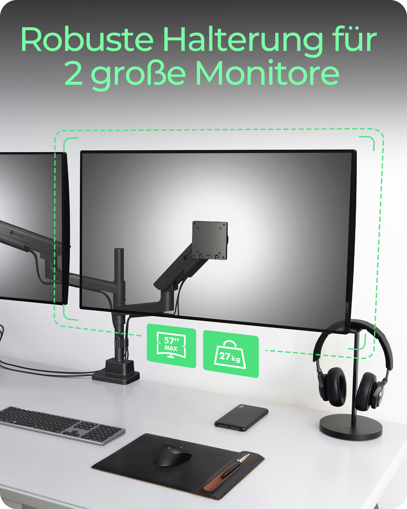 ICY BOX IB-MS702-T Monitorständer für 2 Displays bis 57" Tischmontage Schwarz