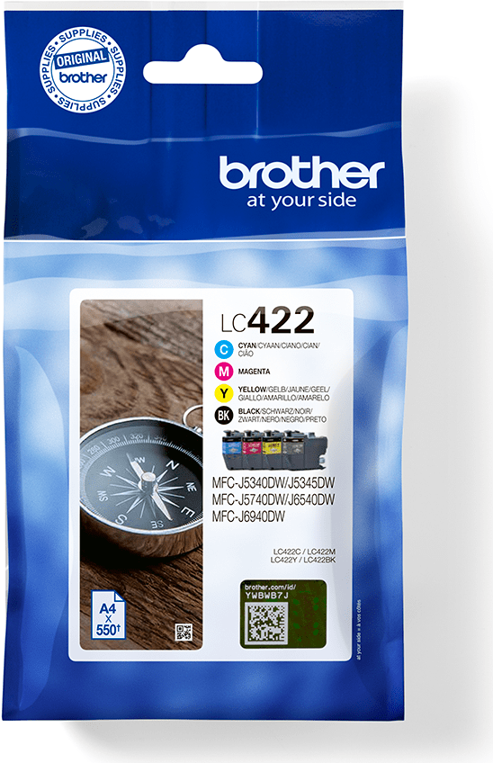 BROTHER Black Cyan Magenta and Yellow Ink Cartridges Multipack Each cartridge prints up to 550 pages - DR Version (LC422VALDR)