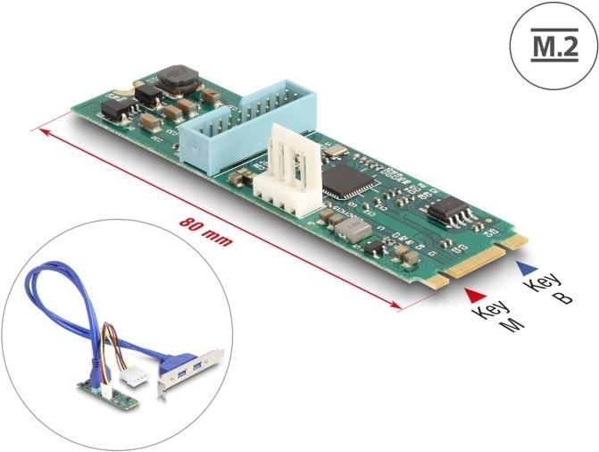 Delock Konverter M.2 Key B+M Stecker zu 2 x USB 5 Gbps Typ-A Buchse mit 50 cm Kabel (61065)