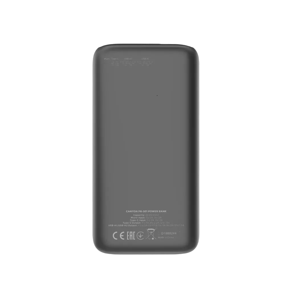 Canyon PB-301 Powerbank 30000 mAh 20 W PD/QC 3.0 Lithium-Polymer Schwarz