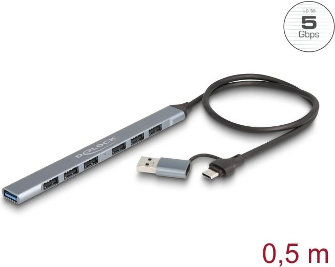 Delock 7 Port Slim USB Hub mit Type-C oder Typ-A zu 1 x 5 Gbps+ 6 (64273)