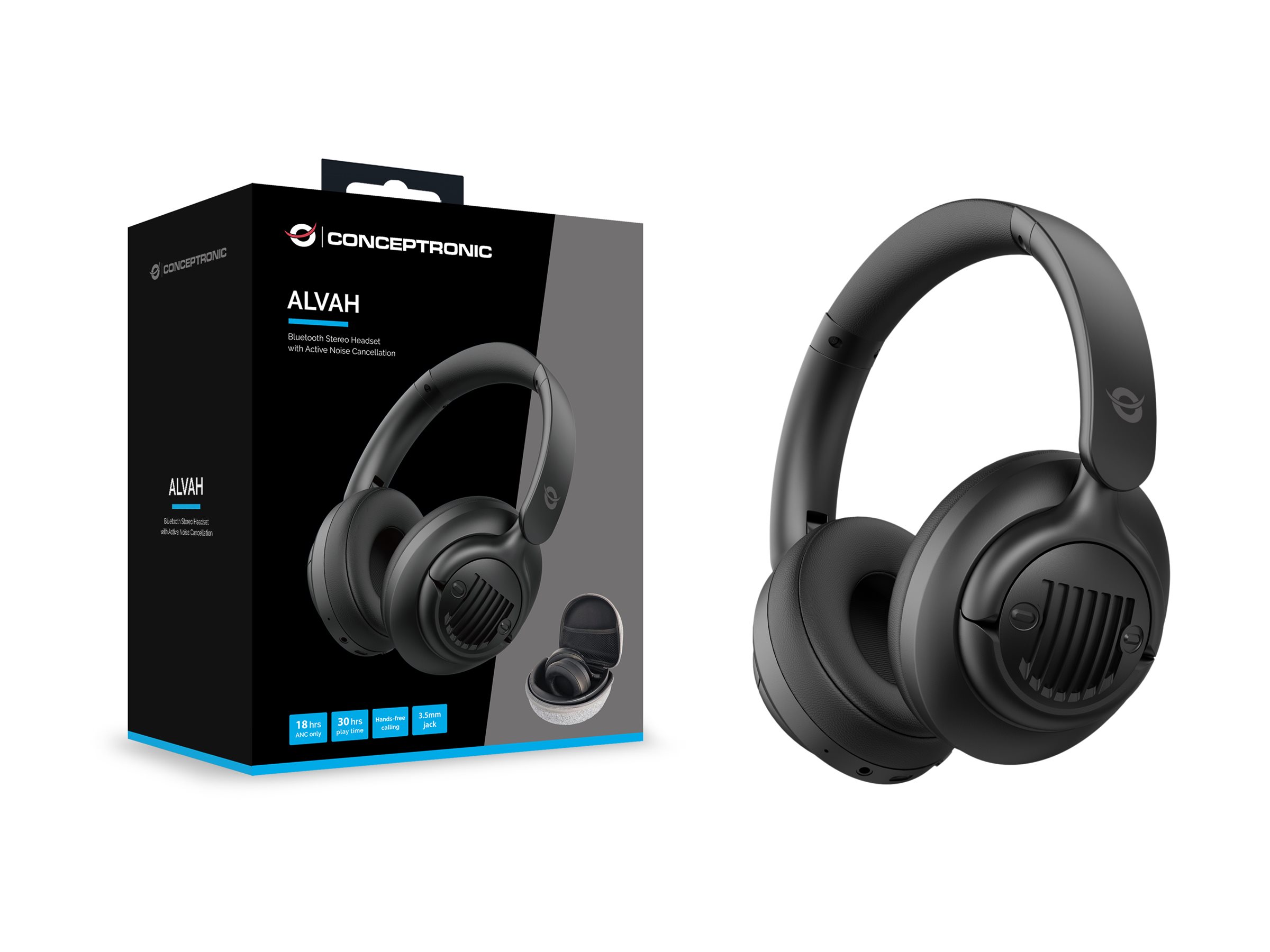Conceptronic ALVAH02B Bluetooth 5.4 Over-Ear-Headset mit ANC und 3,5 mm, Schwarz