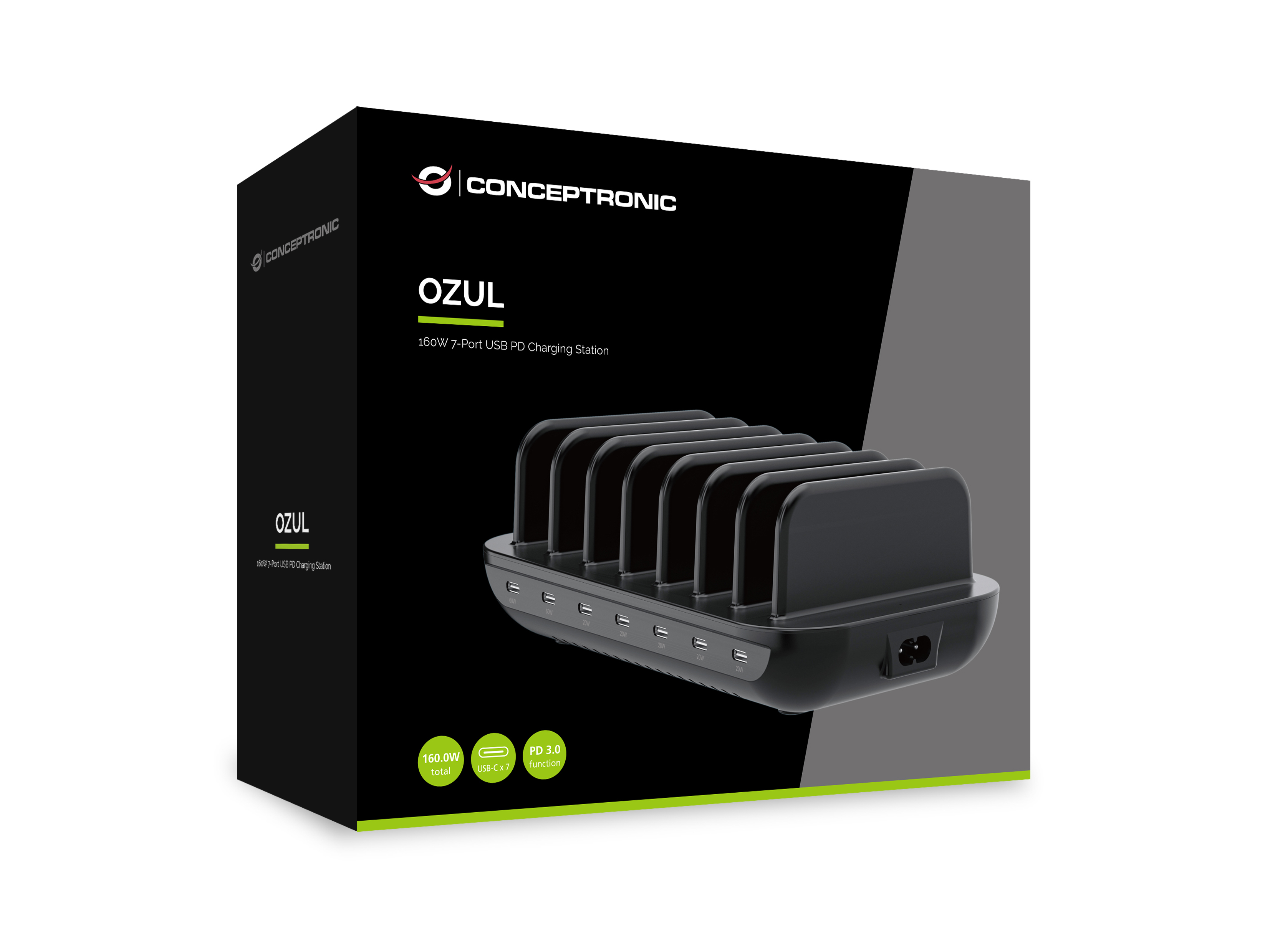 Conceptronic OZUL07B Ladestation 7x USB-C PD 3.0 160 W Schwarz