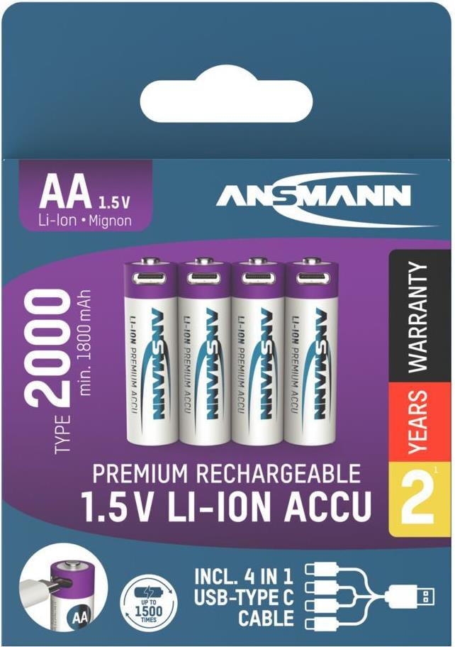 Ansmann 1312-0036 Wiederaufladbarer Akku AA Li-Ion 1,5 V 1800 mAh 4er-Pack Lila