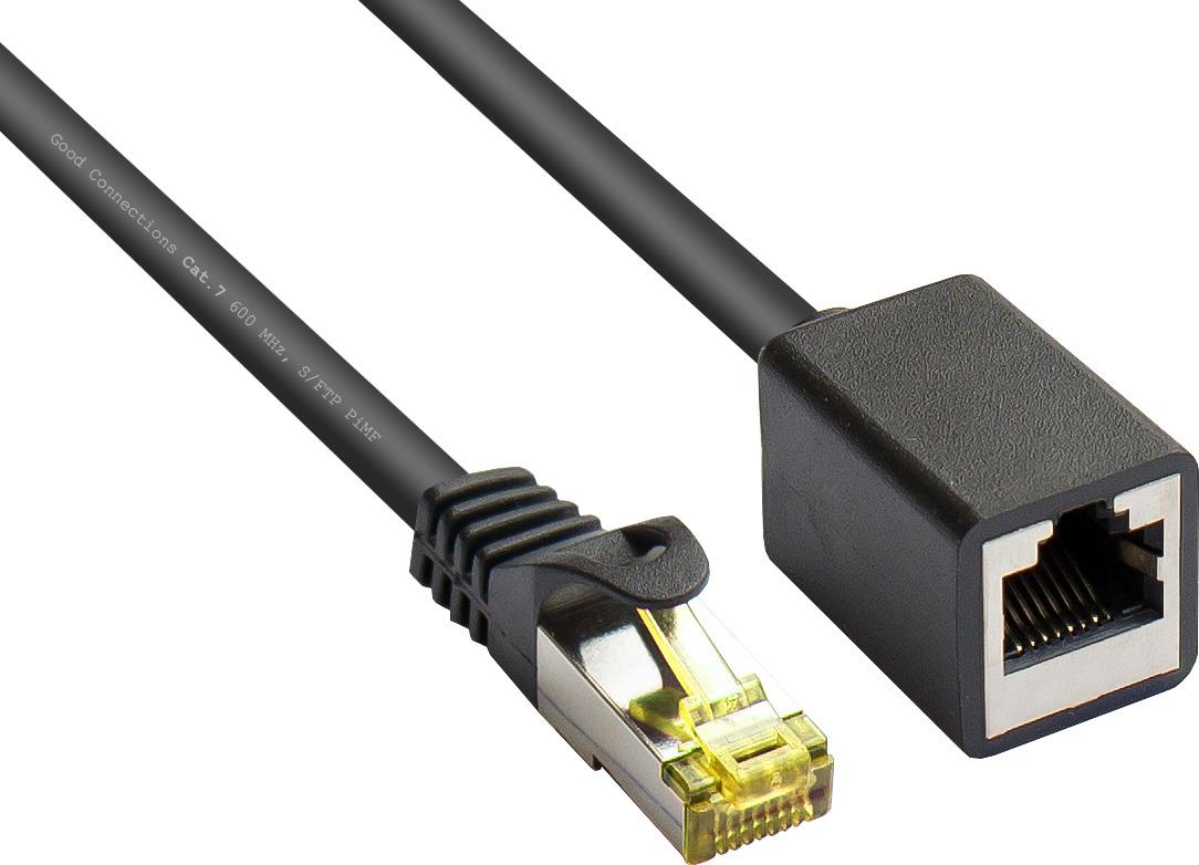 RJ45 Patchkabelverlängerung mitCat.7 Rohkabel und Rastnasenschutz (RNS®), S/FTP, PiMF, halogenfrei, 600MHz, OFC, schwarz, 5m, Good Connections® (8070VR-050S)