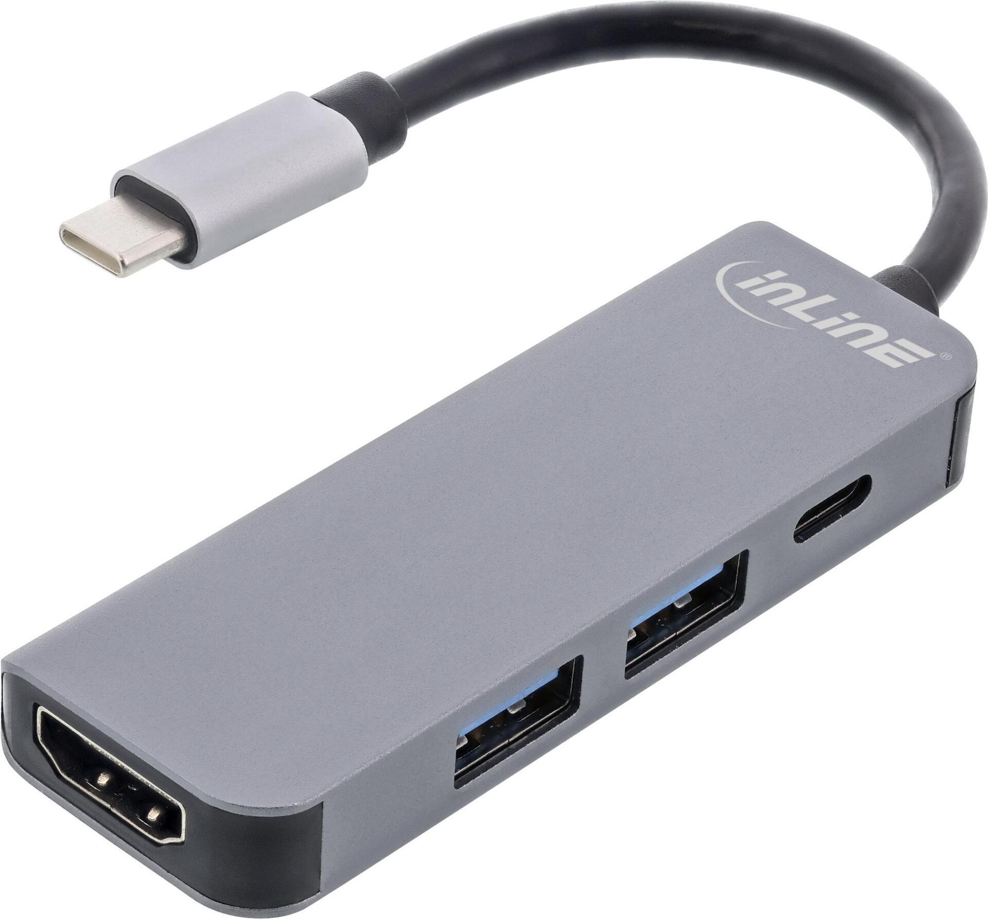 InLine® Multifunktions-Hub USB 3.2 Gen.1, 2x USB-A 5Gb/s + HDMI 4K/30Hz + USB Typ-C PD 87W, Aluminium, grau (33271H)