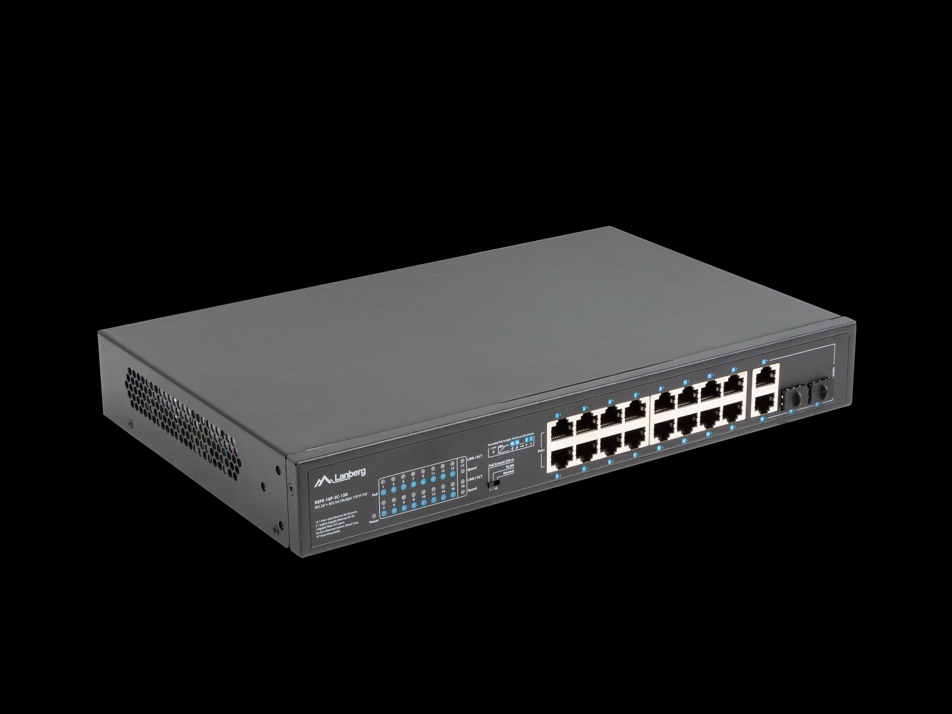 Lanberg RSFE-16P-2C-150 Switch 16 x 10/100 PoE+ 2 x Combo Gigabit SFP/RJ-45 Schwarz