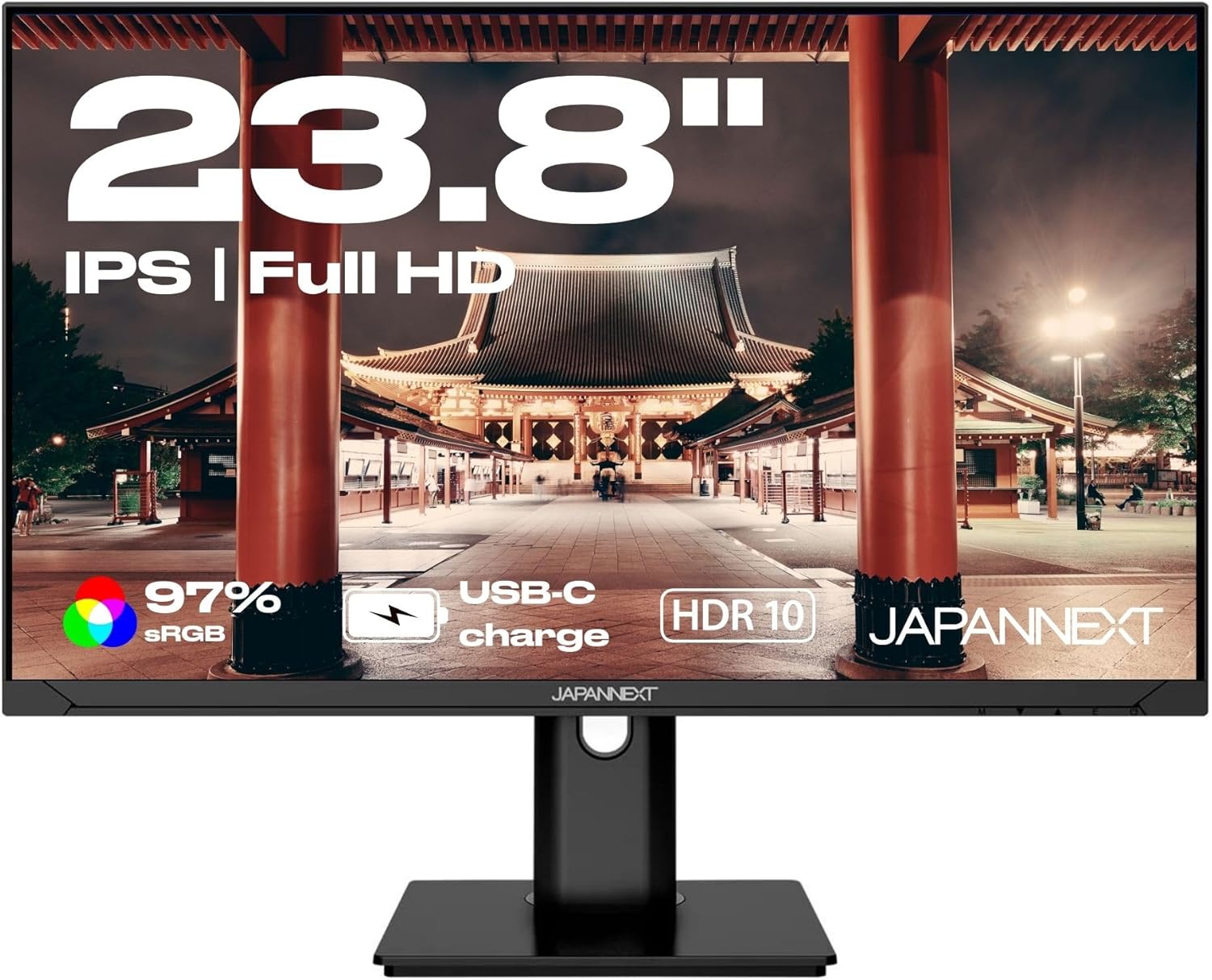 JAPANNEXT Monitor 23.8" IPS Full HD (1920x1080) | HDR | USB-C-Aufladung (65W) Höhen- & Neigungsverstellung (HSP) Integrierte Lautsprecher | G-Sync/FreeSync (JN-IPS238FHDR-C65W-HSP)