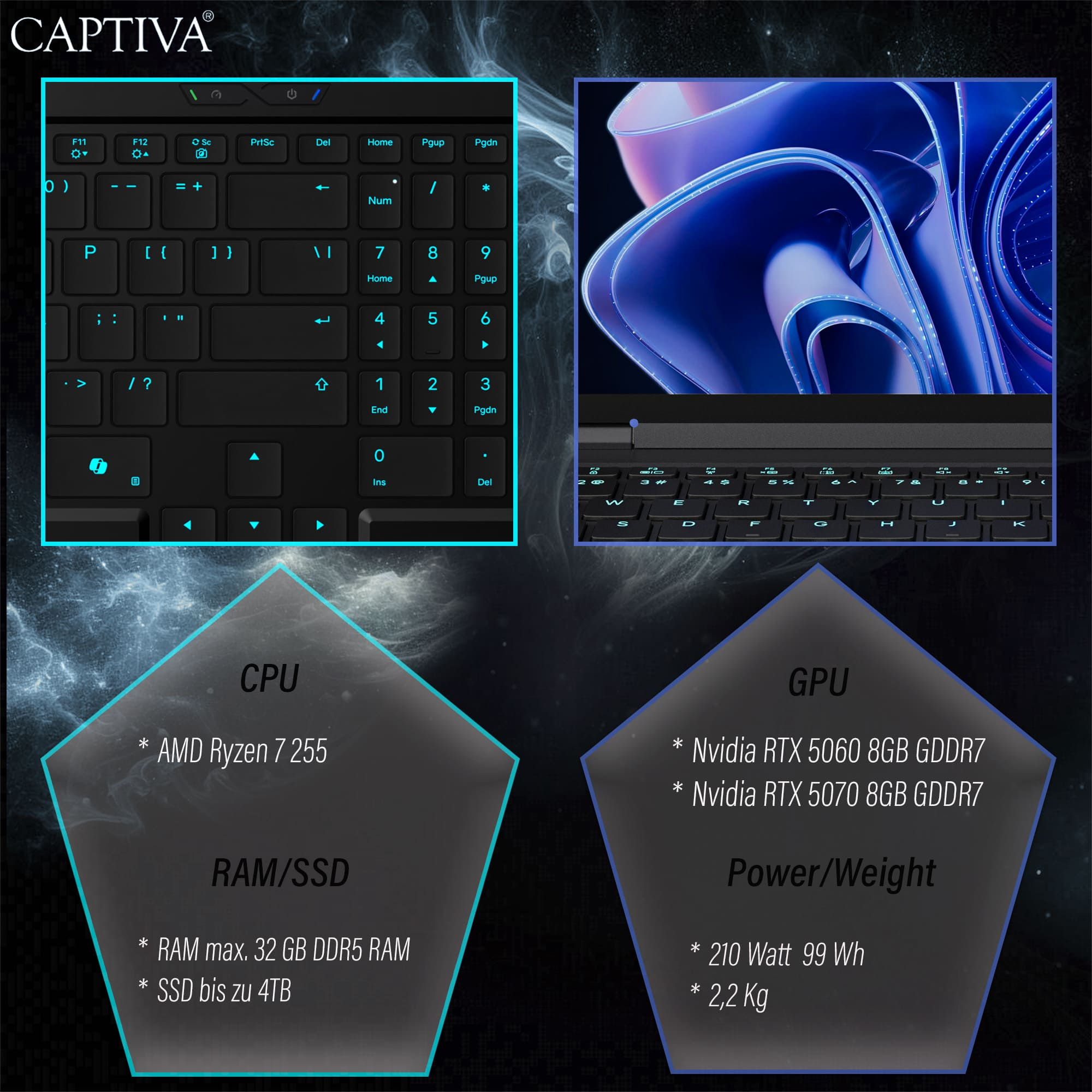 Captiva Advanced Gaming I95-165GE 15.3" AMD Ryzen 7 255 64 GB RAM 2 TB SSD GeForce RTX 5060 Schwarz
